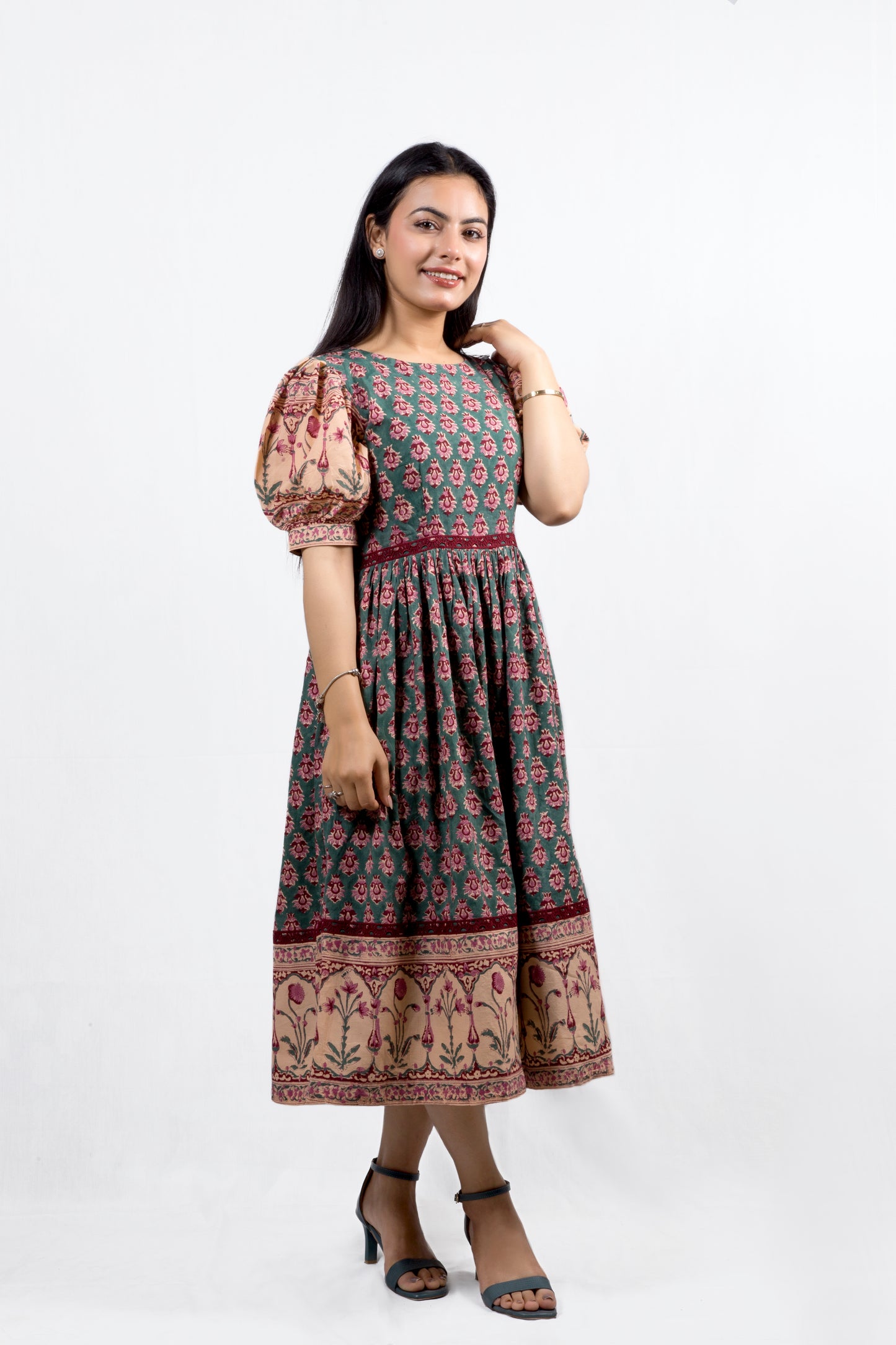 Meera Bloom Midi Dress in Rich Teal Green