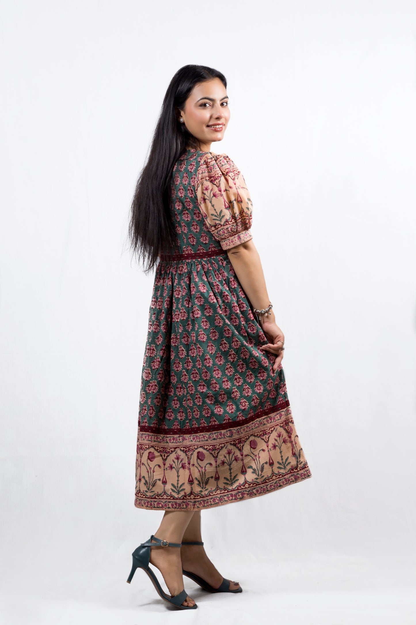 Meera Bloom Midi Dress in Rich Teal Green