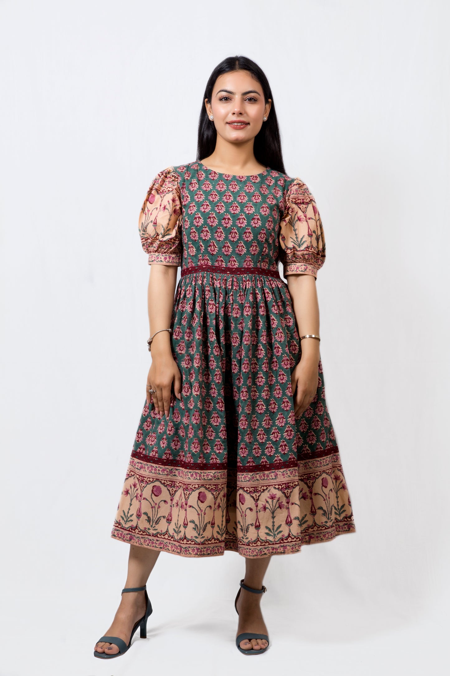 Meera Bloom Midi Dress in Rich Teal Green