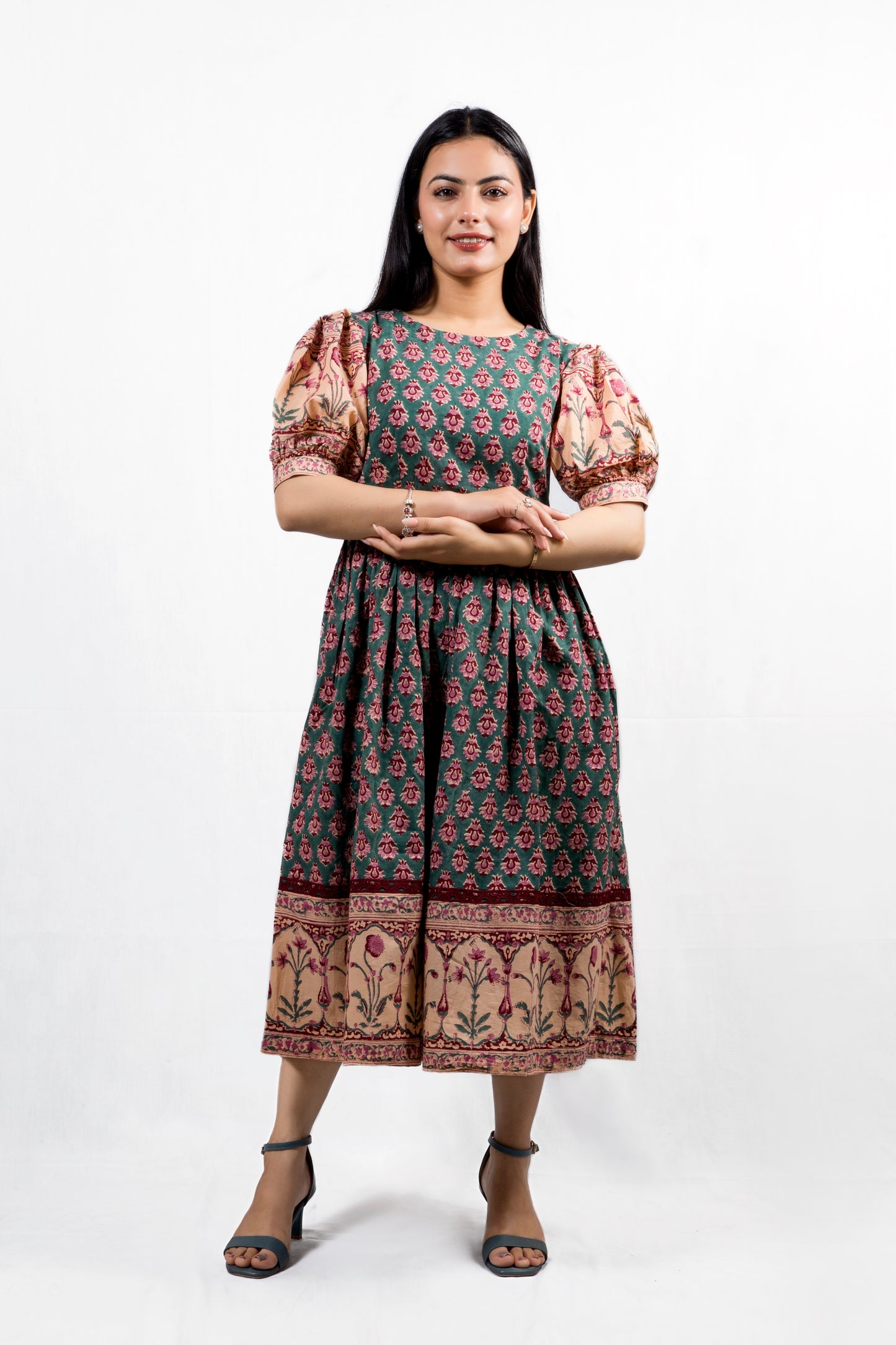 Meera Bloom Midi Dress in Rich Teal Green