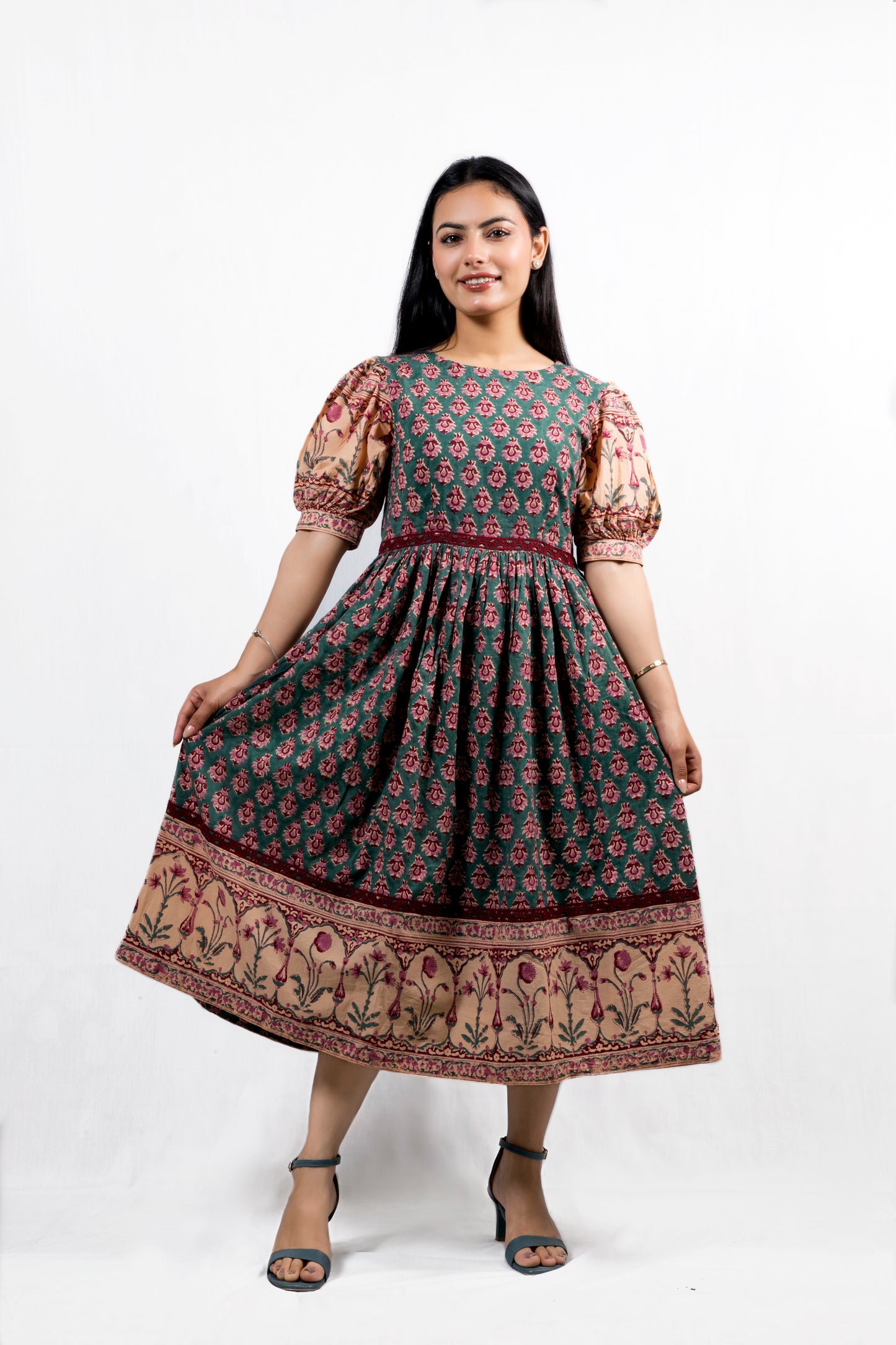 Meera Bloom Midi Dress in Rich Teal Green